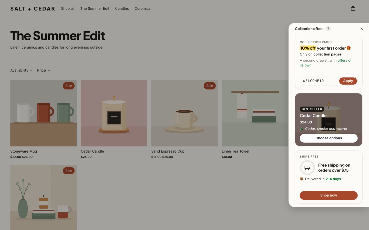 A collection page with a Promo Drawer side drawer open, titled Collection offers, with three cards: a 10% off first-order code with an Apply button, a bestselling candle with Choose options, and free shipping on orders over $75.