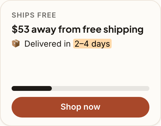 A free shipping card reading $53 away from free shipping, delivered in 2 to 4 days, with a progress bar and a Shop now button.
