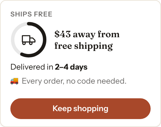 A free shipping card with a progress ring around a truck icon, reading $43 away from free shipping, with a Keep shopping button.